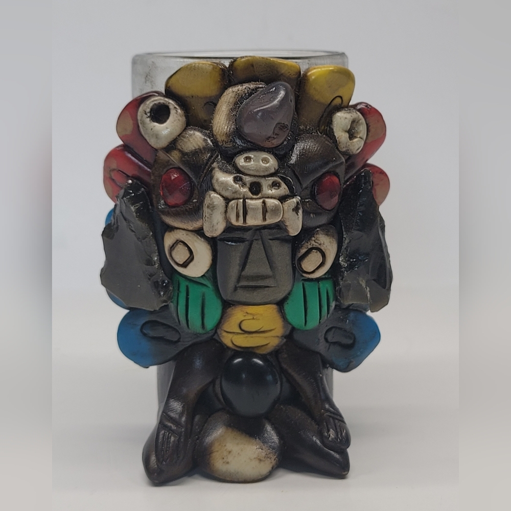 Mayan Aztec Warrior With Jaguar Headdress Handmade Clay Shot Glass